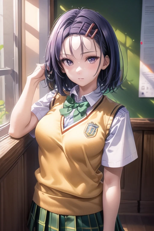 Haruna Sairenji, girl、一人のgirl、Hair Accessories, Hair Clip, (Purple eyes:1.1), Purple Hair, short hair, Swept-apart bangs, (forehead:1.2), green skirt, Check pattern, Check pattern skirt, sainan high School Uniform, School Uniform, skirt, Sweater vest, (Yellow Sweater:1.3), Short sleeve, Best Quality, 