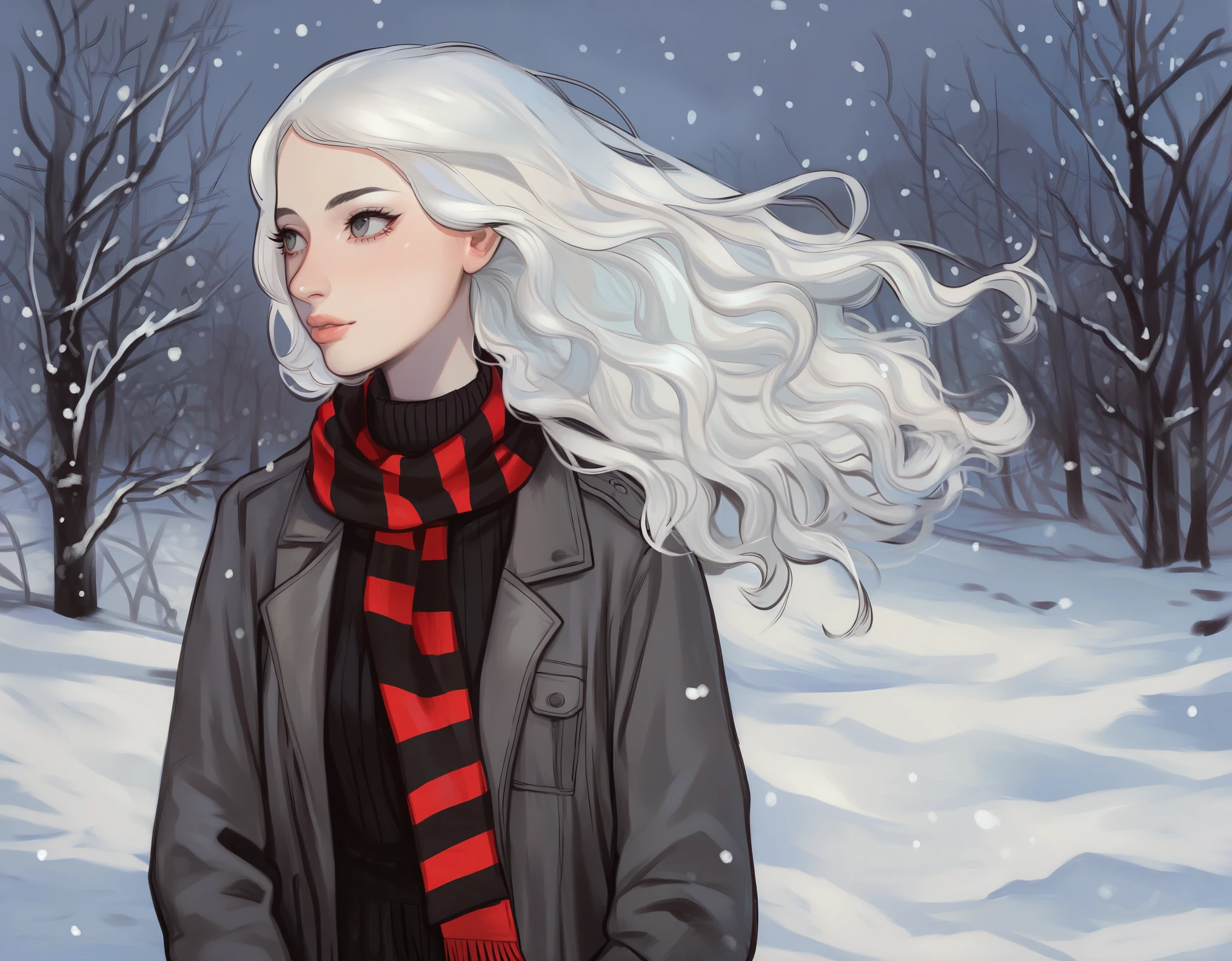 score_9, score_8_up, score_7_up, score_6_up, score_5_up, score_4_up, by mossacannibalis, 1girl, snowing, shoulder length white hair, windy, flowing hair, grey eyes, looking to the side, neutral expression, striped scarf, black sweater, trench coat, photographic, painterly effect, 4k resolution, Highly detailed, Sharp focus, perfect eyes, perfect face, perfect anatomy
