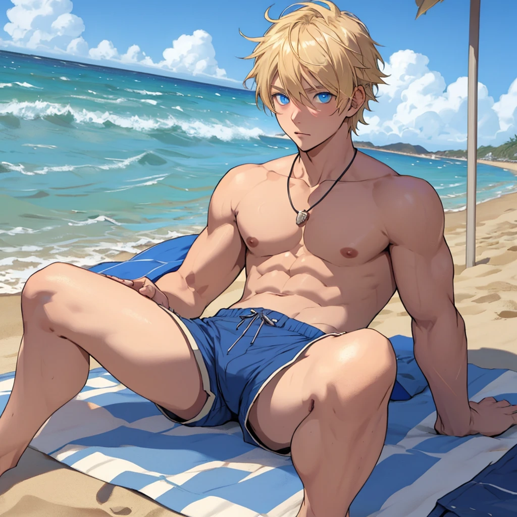 blond boy with blue eyes in shorts on the beach lying on the sand 