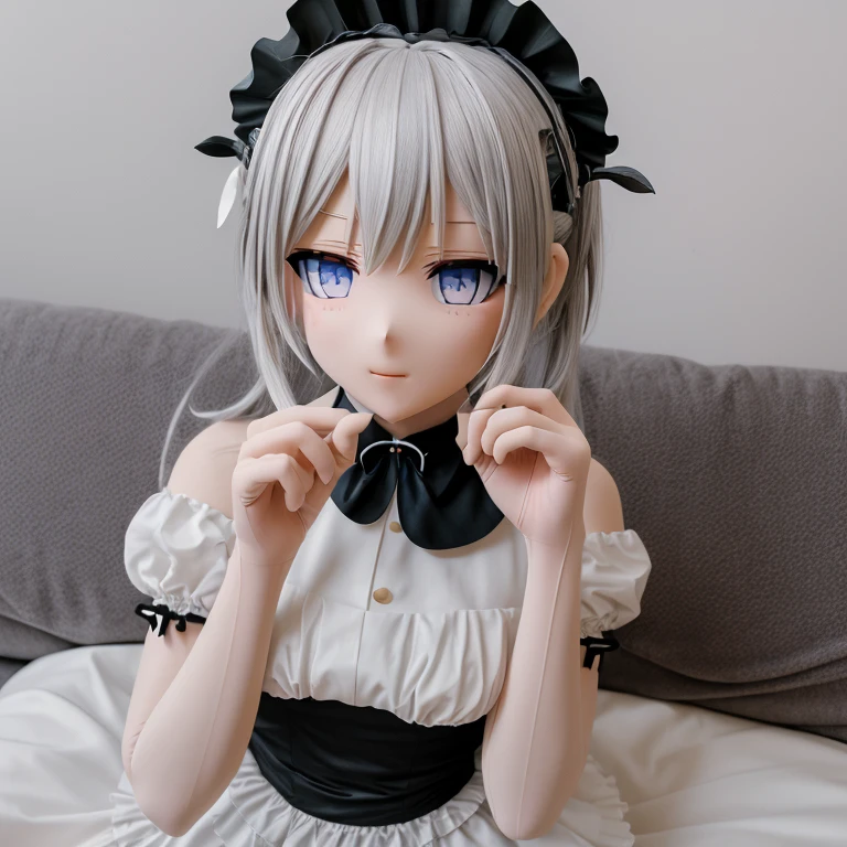 (kigurumi), maid, victorian maid dress, black dress, white apron, frilled headdress, sitting on couch, beautiful Victorian manor, indoors, comfy interior ((High resolution cosplay photography, best resolution, best quality, high quality, 4K HDR, best detail, extreme detail, HDR, shot on DSLR, depth of field)), trending on artstation, award winning photography, best photos, hyperdetailed, photo, photorealistic, made in unreal engine, beautiful hands, plastic anime face, anime girl, plastic anime girl mask, detailed beautiful anime eyes, medium shot, 