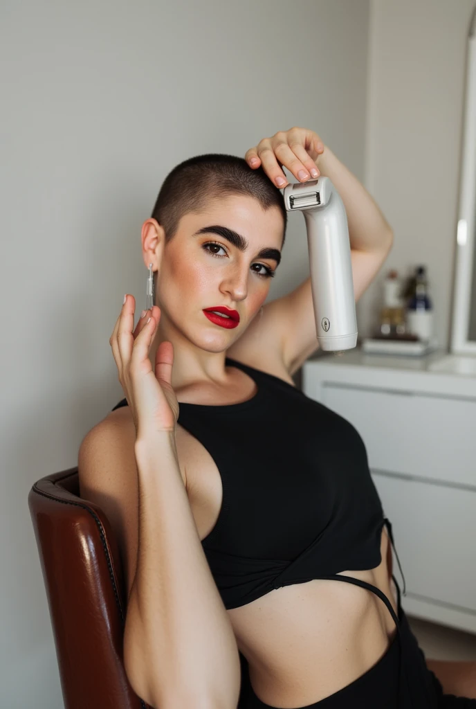 skinhead girl eating chocolate bar