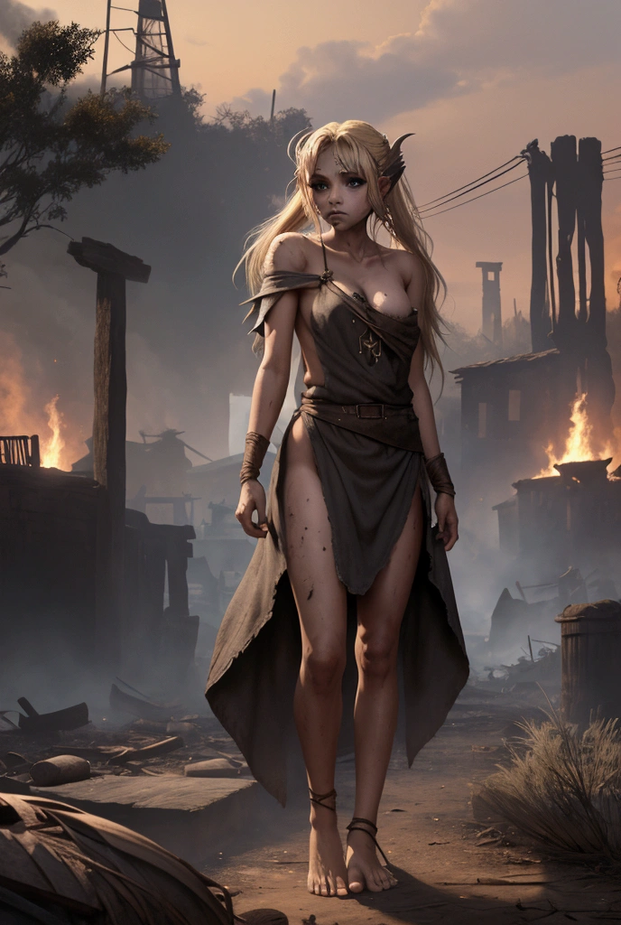 Portrait of an 18-year-old short curly blonde girl, (extremely Skinny Body:1.2) (flat chest:1.2) underfed, dirty medieval plain robe, showing one nipple, crying, sweaty, 8K Ultra realista, in a hay stack, night