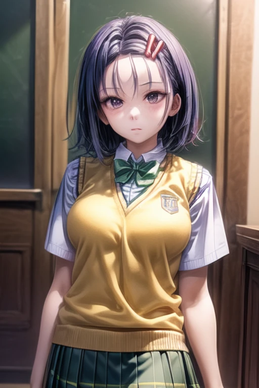 Haruna Sairenji, girl、一人のgirl、Hair Accessories, Hair Clip, (Purple eyes:1.1), Purple Hair, short hair, Swept-apart bangs, (forehead:1.2), green skirt, Check pattern, Check pattern skirt, sainan high School Uniform, School Uniform, skirt, Sweater vest, (Yellow Sweater:1.3), Short sleeve, Best Quality, 