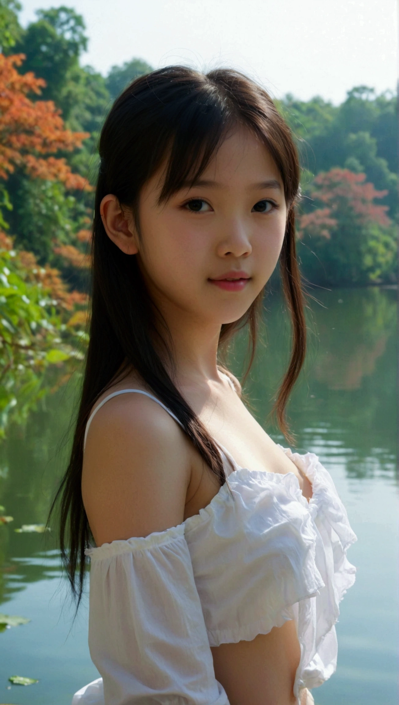 Prettiest asian ((teen)) girl, the cutest girl, sweet girl on the mythical lake, age 10 with perfect budding breast, relaxing, pale skin, juveniles physique, charming adolescents girl, wear white camisoles shirt that show off her unique cuteness, full-body shot