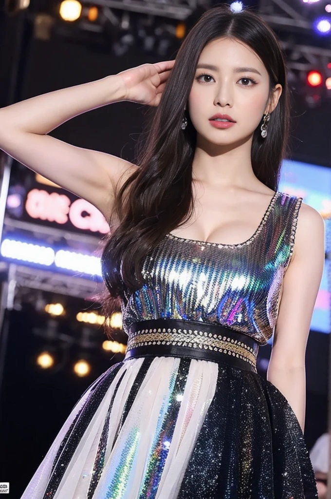sauce_photograph, Realistic, Browsing Caution, Luani0686, Half body shot of young Korean woman, Wearing a very sheer metallic feather dress. The silver feathers are very sparsely spaced., Creates an almost non-existent effect. The dress is revealing, The model&#39;s body is clearly visible through the gap.. Her ample cleavage and curves stand out.. Deep neckline that stretches to the chest, midriff exposure. Exposed shoulders and arms. The feathers create a provocative play of exposure and concealment around her torso and hips.. Delicate jewellery accentuates the neck and décolletage. A futuristic city with shining neon lights in the background. soft, The glamorous lighting accentuates the radiance of the dress and the model&#39;s silhouette., Creates an attractive and sensual atmosphere.