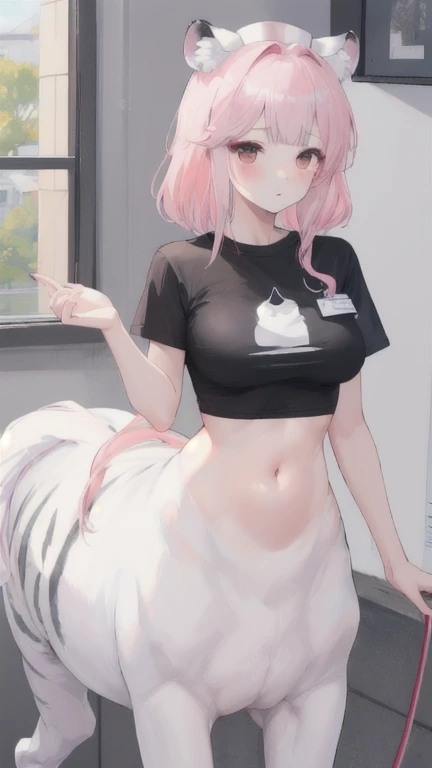 (best quality, masterpiece), 1 girl, centaur, It takes, White skin, Korean , ((23 years old)),black pink,Smiling, exposing the abdomen, belly button t-shirt , 아름다운 소녀 perfect white tiger photo, perfect white tiger photo