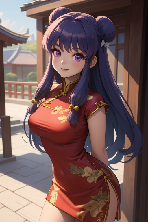 masterpiece, best quality, highres, ShampooDef, 1girl, solo, purple eyes, purple hair, hair bun, bell, double bun, jingle bell, long hair, breasts, smile, bangs, hair ornament, bow, sidelocks, shampoo (ranma 1/2), dress, chinese clothes, red china dress, cowboy shot, arms behind back, looking at viewer, outdoors, chana town, red dress