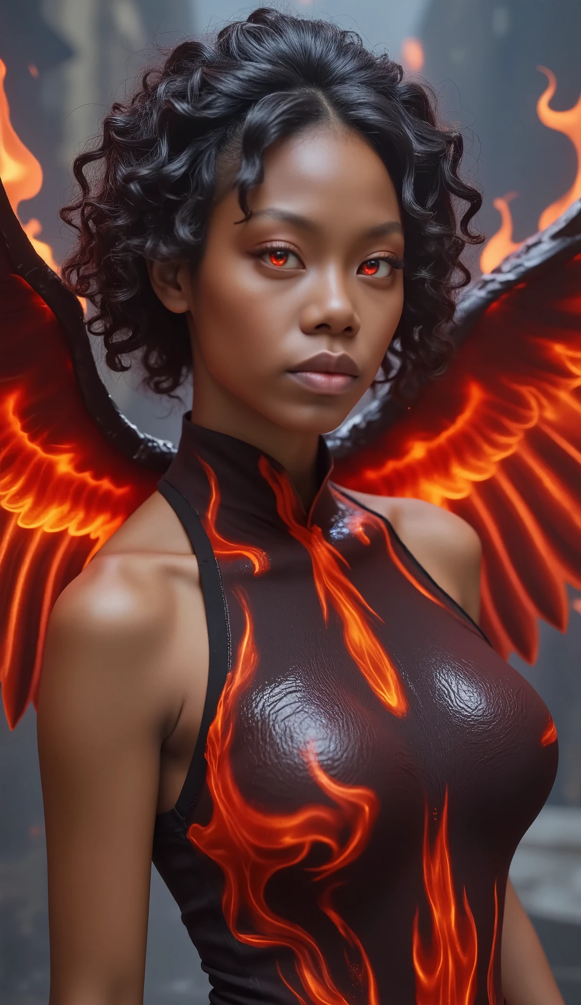 Destini, a dark phoenix with bright electric red eyes, ultra detailed and realistic, dramatic lighting, cinematic composition, 8K, masterpiece, intricate details, photorealistic, hyper detailed feathers, powerful energy, dynamic pose, glowing red eyes, intense fiery aura, ethereal and otherworldly, cinematic dramatic lighting, vibrant fiery colors, photorealistic, concept art style