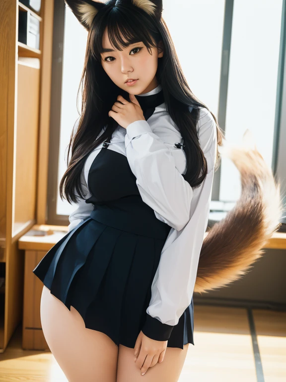 ((Best Quality, 8k)), ((masterpiece)), (Highest Resolution), Perfect Face, Woman with fox ears, Woman with a tail, Beautiful woman, She is a student at school, It was taken at school, Only one tail, She has thick thighs, Her big fox tail, I can see her fox tail, She wags her tail, With collar, She is wearing a school uniform, Big Hips , Her fox tail is sticking out, Her tail is fox-colored