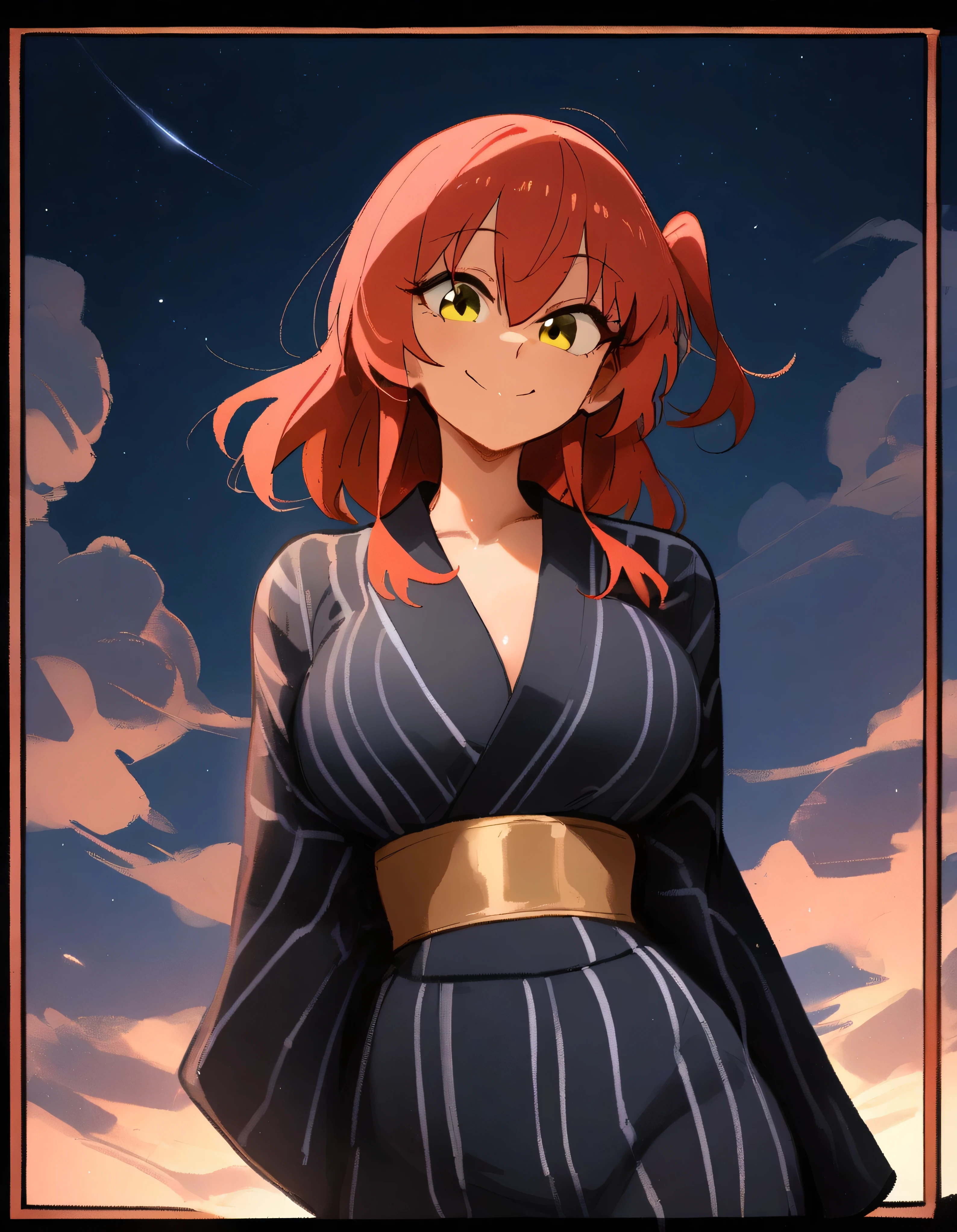 1girl, kita ikuyo, bocchi the rock! \\\\\ masterpiece, best quality, newest, absurdes, ///// nyantcha, khyle, \\\\\ big breasts, thin waist, thin, skinny, looking at viewer, skindentation ,serious, straight-on, solo, squishy breasts, smile, yukata, sky, clouds, outside border, night, night sky