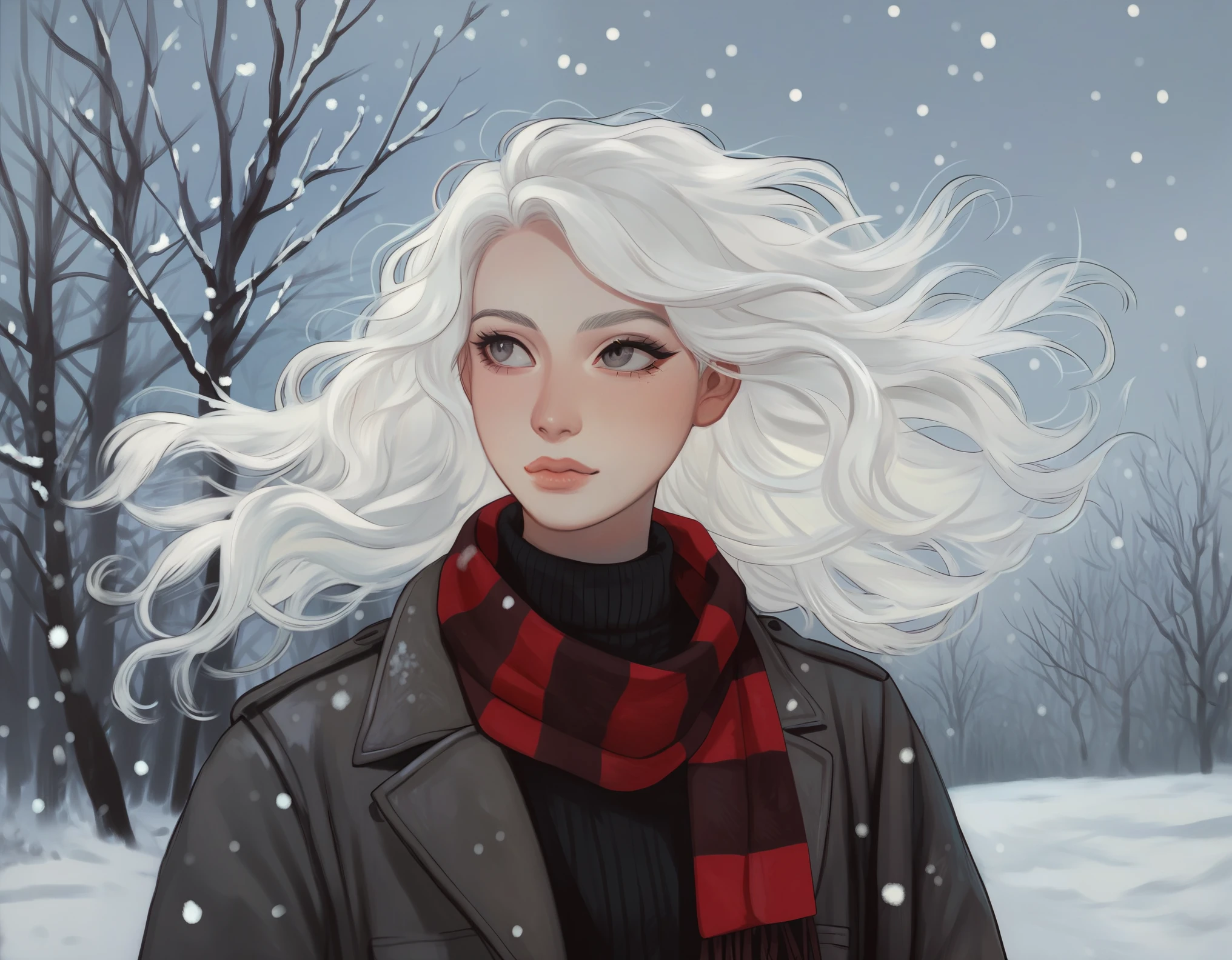 score_9, score_8_up, score_7_up, score_6_up, score_5_up, score_4_up, by mossacannibalis, 1girl, snowing, shoulder length white hair, windy, flowing hair, grey eyes, looking to the side, neutral expression, striped scarf, black sweater, trench coat, photographic, painterly effect, 4k resolution, Highly detailed, Sharp focus, perfect eyes, perfect face, perfect anatomy
