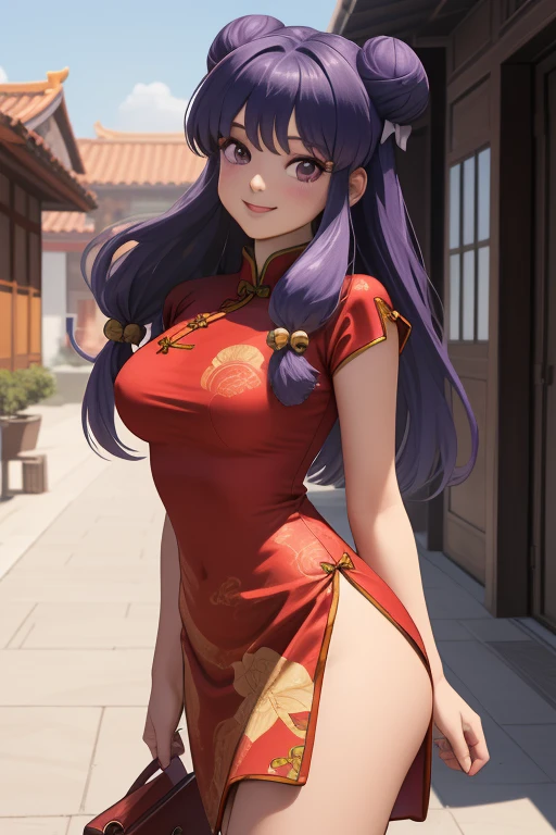 masterpiece, best quality, highres, ShampooDef, 1girl, solo, purple eyes, purple hair, hair bun, bell, double bun, jingle bell, long hair, breasts, smile, bangs, hair ornament, bow, sidelocks, shampoo (ranma 1/2), dress, chinese clothes, red china dress, cowboy shot, arms behind back, looking at viewer, outdoors, chana town, red dress, (anatomía perfecta:1.5), piernas perfectas, brazos perfectos, sin ropa interior, sin calzon, upskirt, se ve un poco de su vagina, vello púbico rubio, La falda revolotea en el viento、sin bragas、Falda elevadora de viento