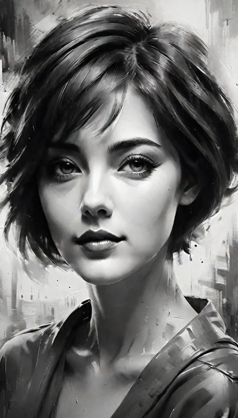 Masterpiece, best composition, best quality, perfect as wallpaper for your phone, black and white photo of woman with short hair, black and white artwork, beautiful artwork, beautiful expressive portrait, pencil drawing, artistic drawing.