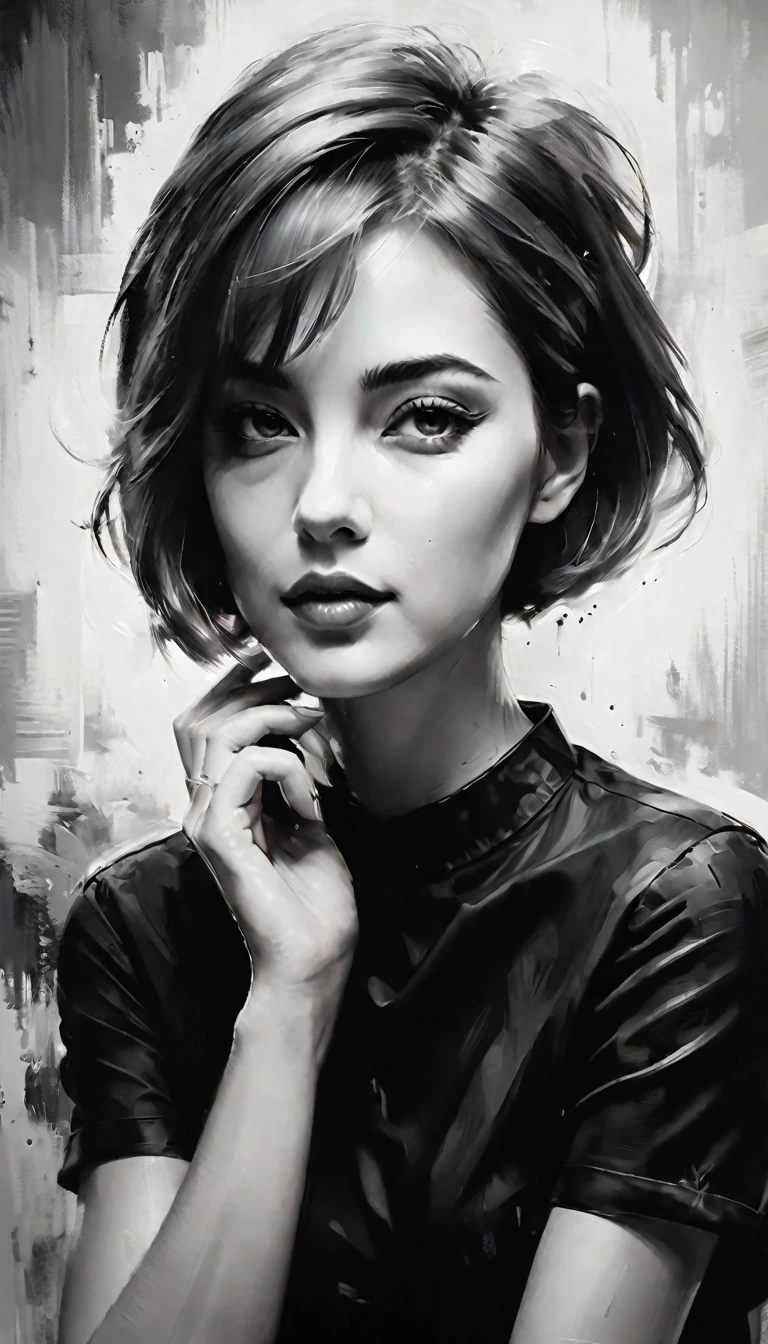 Masterpiece, best composition, best quality, perfect as wallpaper for your phone, black and white photo of woman with short hair, black and white artwork, beautiful artwork, beautiful expressive portrait, pencil drawing, artistic drawing.