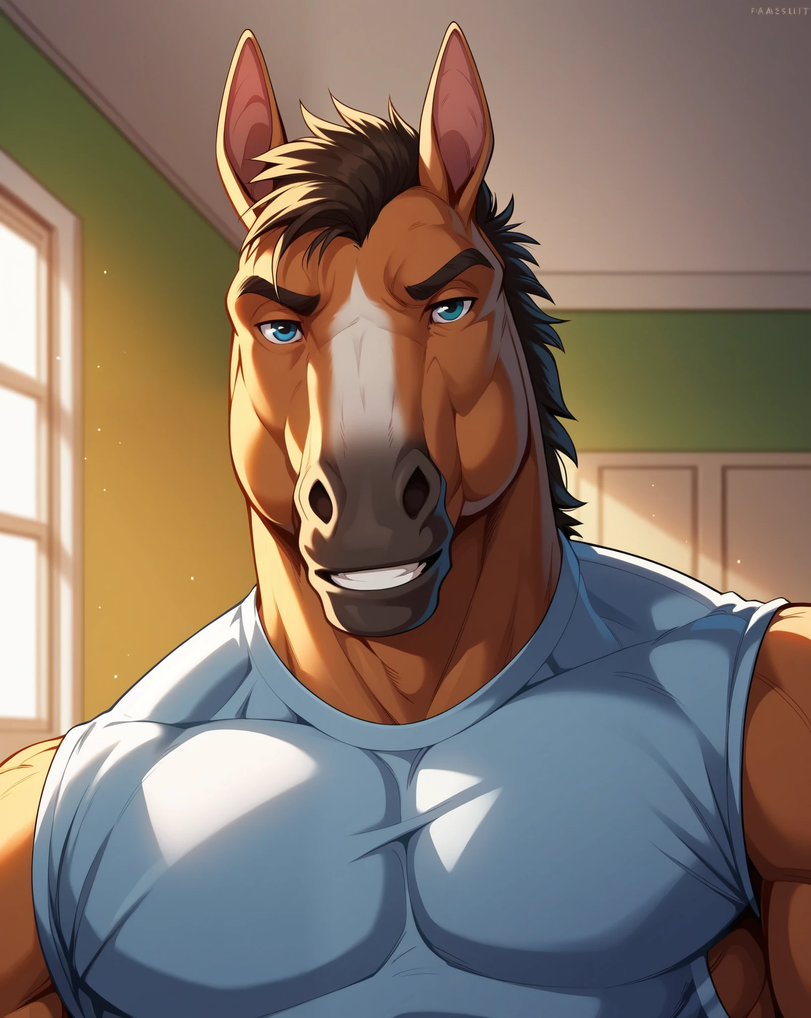 score_9, score_8_up, score_7_up, intricately detailed, rating_questionable,
1boy(anthro furry, horse, face closeup, muscular, tight sleeveless shirt, broad shoulders, handsome, looking at the viewer, friendly expression, solo), fitness studio, indoors, summer, sunshine, afternoon,
