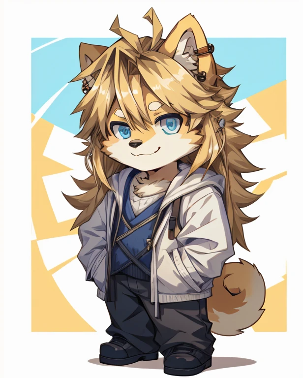 Alone, High resolution, masterpiece, Earrings,smile, blue eyes, Anime Style, Look at, male, Shiba Inu, Chibi, Long Hair, Disheveled Hair, Blonde, 