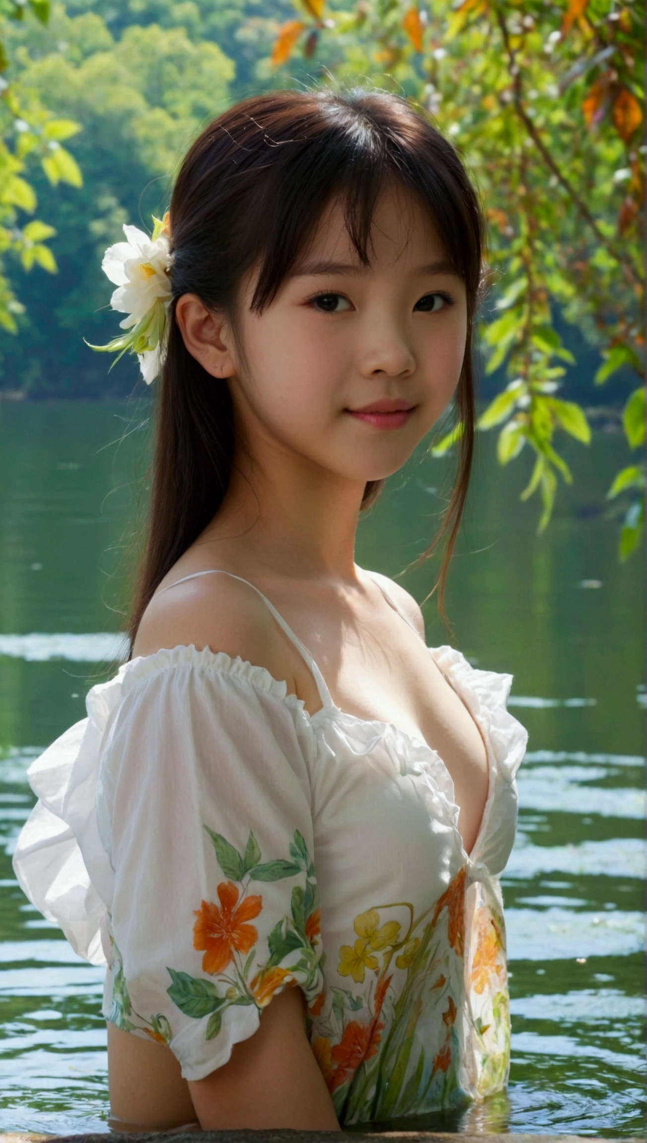 Prettiest asian ((teen)) girl, the cutest girl, sweet girl on the mythical lake, age 10 with perfect budding breast, relaxing, pale skin, juveniles physique, charming adolescents girl, wear white camisoles shirt that show off her unique cuteness, full-body shot