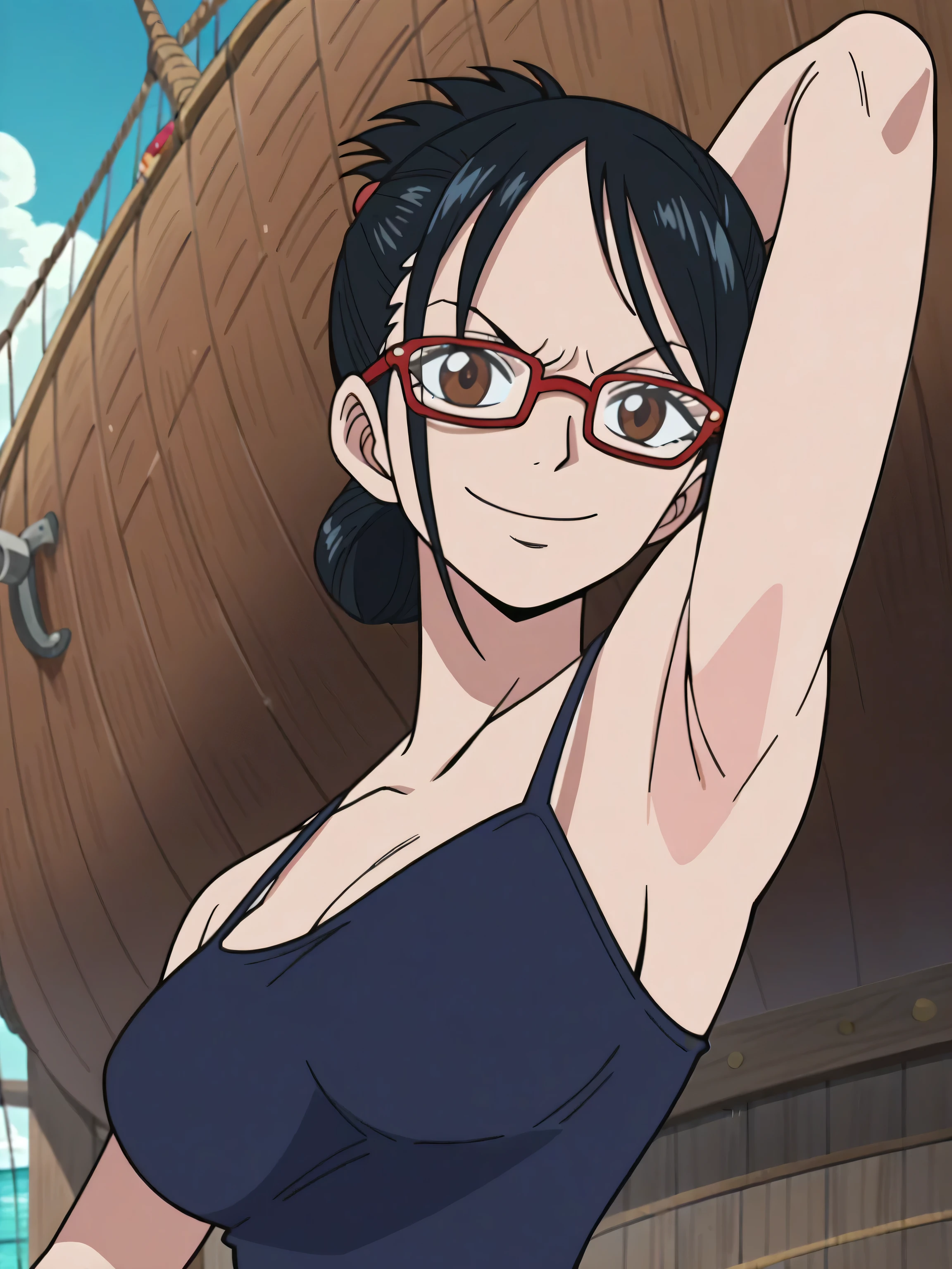 score_9, score_8_up, score_7_up, source_anime, anime screencap, one_piece_style, outdoors, day, on a pirate ship, 1girl, solo, tashigiSDXL, large breasts, brown eyes, black hair, glasses, black camisole, collarbone, sleeveless, collarbone, looking at viewer, head towards viewer, arm up, raised arm, armpit, smile, closed mouth, confident, from side, from below, pinning down viewer, spaghetti straps 