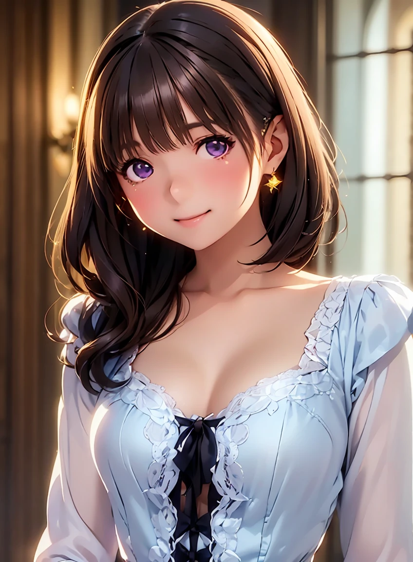 High resolution,In 8K,Best Quality,detailed,Semi-realistic anime,3D anime style,Smooth anime CG,One Girl,Japanese women,slim,Modeling,Shiny brown hair,(Beautiful lace-up),((Wavy classic hair)),(detailedなデジタルアート),detailedな顔,Beautiful and detailed,Glowing Skin,(Small breasts),(((Deep violet sparkling eyes))),(Shut your mouth.),(Smile),(((French aristocratic costume in the late 19th century))),((Beautiful embroidered dress)),((Jewels on the chest)), Cinema Lighting, Perfect Anatomy,((Grace Kelly)),((Warm colors)),