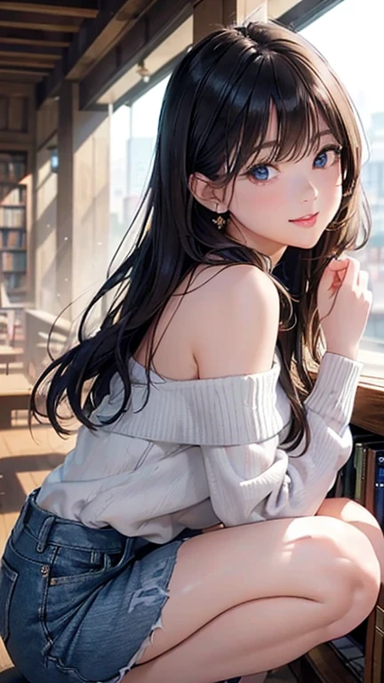 (table top: 1.3), (maximum resolution: 1.2), (Ultra HDTV: 1.2), cinematic light, Ultra HDTV, (fine eyes and skin), (detailed facial features), nffsw, 8K resolution, sharp focus: 1.2, perfect style, beautiful face, perfect body, Accurate, anatomically correct, Highly detailed face and skin texture, fine eyes, blue eyes, double eyelid, thin eyebrows, glitter eyeliner: 1.2, natural cheeks, Glossy skin, Fair skin: 1.2, small shiny necklace and earrings, (glossy lips: 1.4), break, one person&#39;point of view, (She is a very cute female teacher..), (Cute pink lace panties), (enchanting smile: 1.2), ((innocent and cute girl:1.3)), (long wavy hair), (black hair:1.2),  , break, ((very close relationship: 1.2)), medium big breasts, ((looking at the viewer:1.2)), ((library 1.2)), ((Bend your knees and spread your legs wide:1.2)), (From the side:1.2),low angle shot,off shoulder sweater　tight jeans mini skirt　embarrassed look　Kamimei