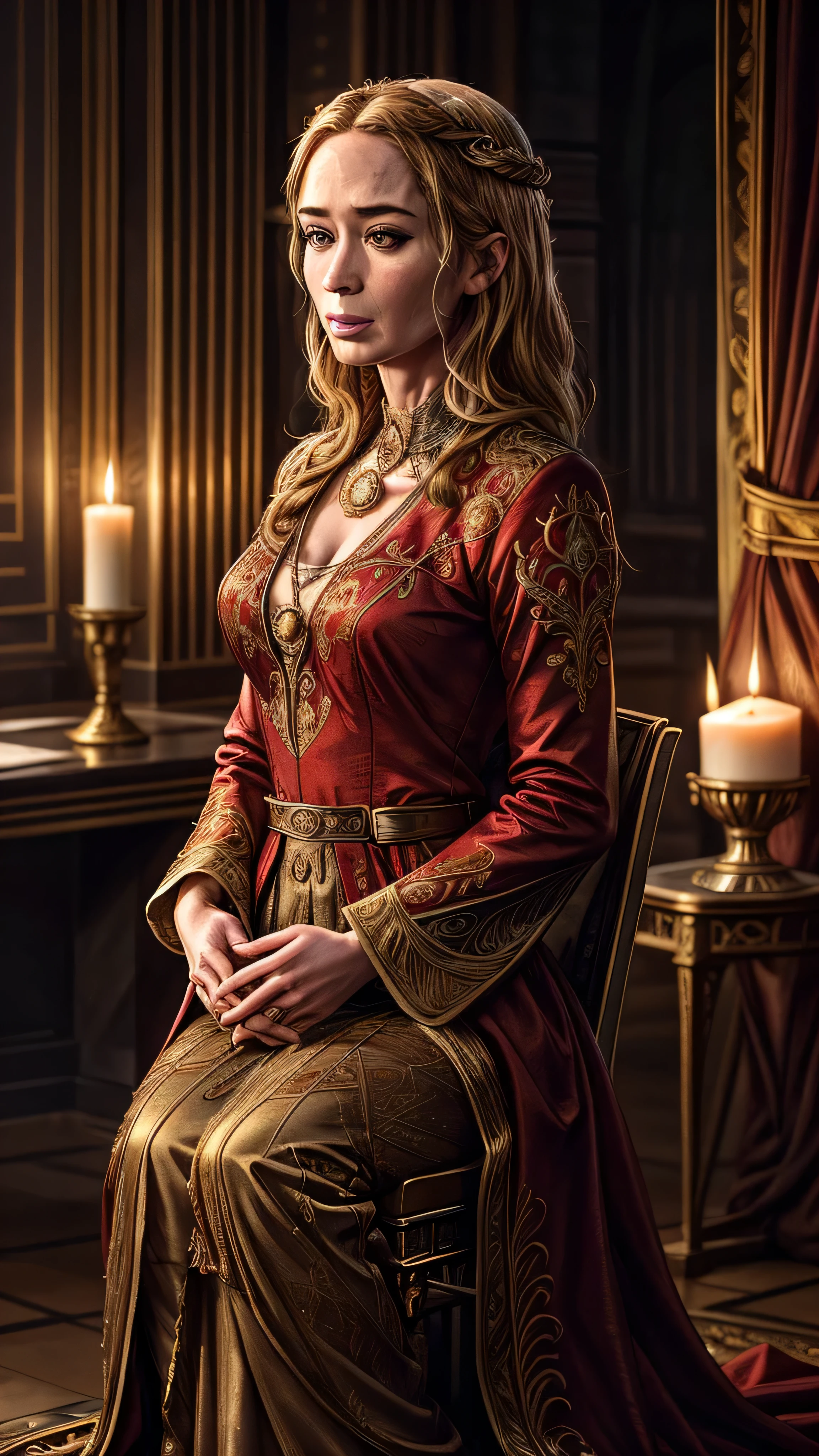 (Emily Blunt) as Cersei Lannister, regal powerful woman, long flowing golden hair, sitting, on iron throne, elaborate red and gold gown, intricate embroidery, wealth, royalty, cold calculating expression, subtle smirk, cunning nature, golden necklace with a lion emblem, dark medieval stone walls, candlelight flickering, (insanely detailed, beautiful detailed face, masterpiece, best quality), cinematic lighting, (1woman), (solo), full body view, front view, looking at viewer, intricate, high detail, sharp focus, dramatic, photorealistic painting art by greg rutkowski