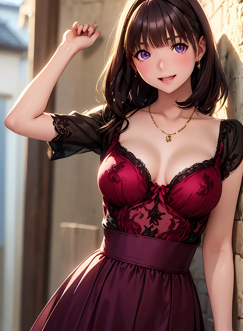 High resolution,In 8K,Best Quality,detailed,Semi-realistic anime,3D anime style,Smooth anime CG,One Girl,Japanese women,slim,Modeling,Shiny brown hair,(Beautiful lace-up),((Wavy classic hair)),(detailedなデジタルアート),detailedな顔,Beautiful and detailed,Glowing Skin,(((Small breasts))),(((Deep violet sparkling eyes))),(Open your mouth),(Smile),(((French aristocratic costume in the late 19th century))),((Beautiful embroidered dress)),((Jewels on the chest)), Cinema Lighting, Perfect Anatomy,((Grace Kelly)),((Warm colors)),((Leaning against the wall))