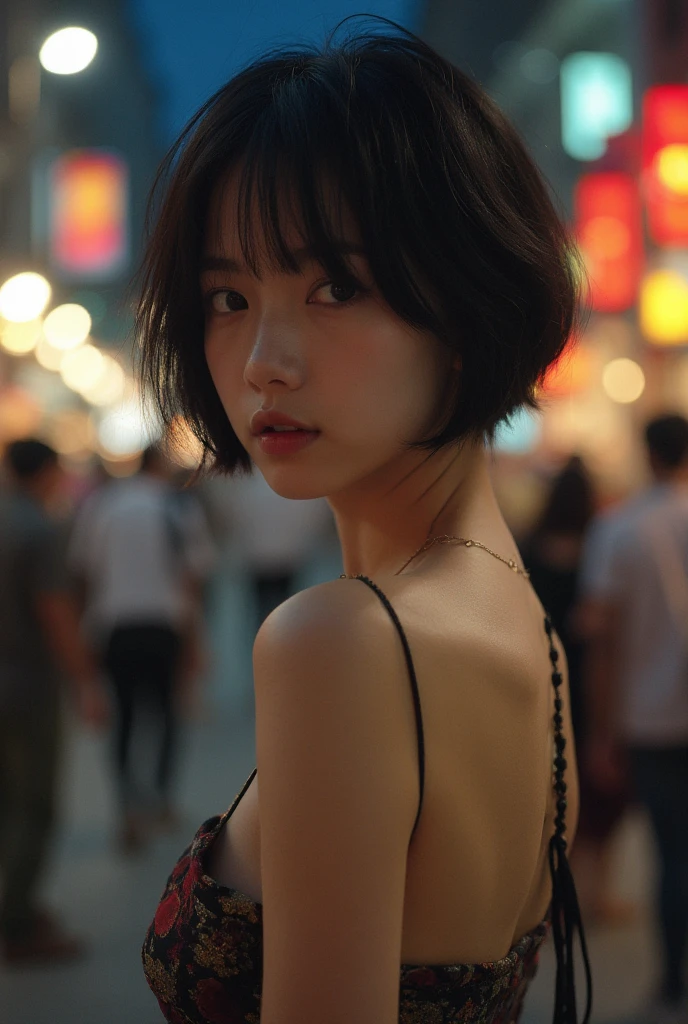 masterpiece, Best Quality, Miranda, (Half Body Shot,Street lights,moon),masterpiece, One girl, Solo Exhibitions, Beautiful woman on a busy street, Surrounded by peddlers, Beautiful goddess girl portrait, Beautiful and exquisite face, Porcelain-like skin, (((Bust Shot, center, night, Black Hair, short hair)), Super soft lighting, Symmetric, complicated, grace, high detail, realism, art, concept art,