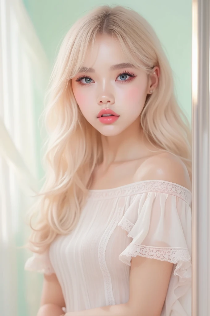 (detailed), studio lighting, hyper detailed, realistic portrait, Perfect Face.1 teenage girl, 、Blue eyes with well-defined double eyelids and long eyelashes, in the white girly dressroom backdrop, realistic face, detailed skin, ピンクblond long bob hair 、bangs covering forehead, extremely detailed lips, large mouth, full, plump, glossy light pink lips, natural-looking makeup, transparent lip gloss, with off-shoulder tops, photorealistic, ((Best Quality)), ((masterpiece)), high quality, 8k, masterpiece