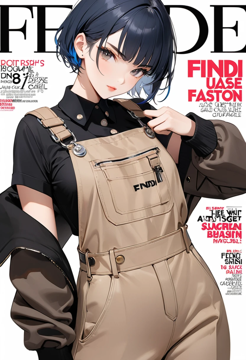 ((Upper body naked))、(Magazine Cover:1.3)、Ulzzang-6500、(Realistic:1.3)、(original:1.2)、masterpiece、highest quality、Beautiful pretty face、Whole Body Ezbian、1 Female、(Wear headphones with complex electronics)、Wearing a black techwear jacket and orange pants with buckles and tape、(Crystal Necklace)、Pose for a photo、(White braided hair bun)、Remains、Pylon
