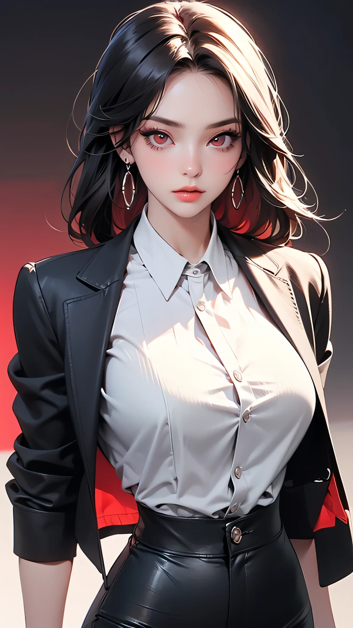 (highest quality,4K,High resolution), realtic、Woman with long straight hair with black hair and red highlights、Glaring at the viewer with sharp eyes、sexy lip、red eyes、eyeliner、long eyelashes、Wearing a black business jacket、White shirt and black tie、I'm wearing tight black business pants、Facial expression enhancement