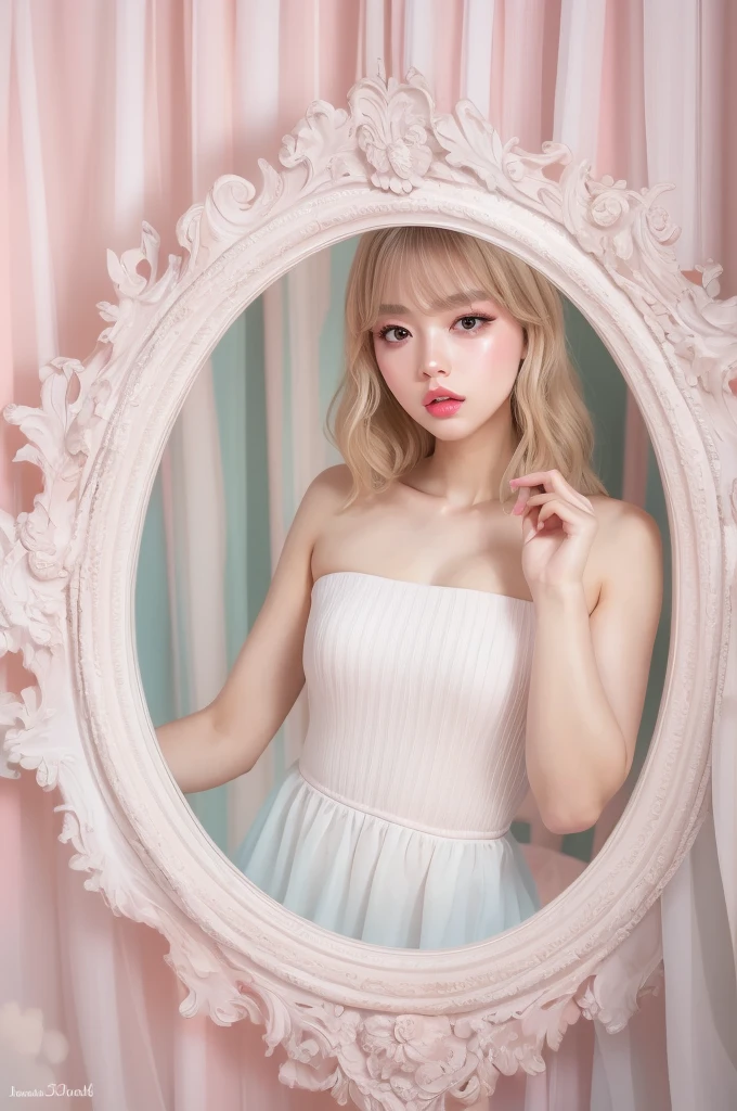 (detailed), studio lighting, hyper detailed, realistic portrait, Perfect Face.1  girl, 、Blue eyes with well-defined double eyelids and long eyelashes, in the white girly dressroom backdrop, realistic face, detailed skin, ピンクblond long bob hair 、bangs covering forehead, extremely detailed lips, large mouth, full, plump, glossy light pink lips, natural-looking makeup, transparent lip gloss, with off-shoulder tops, photorealistic, ((Best Quality)), ((masterpiece)), high quality, 8k, masterpiece