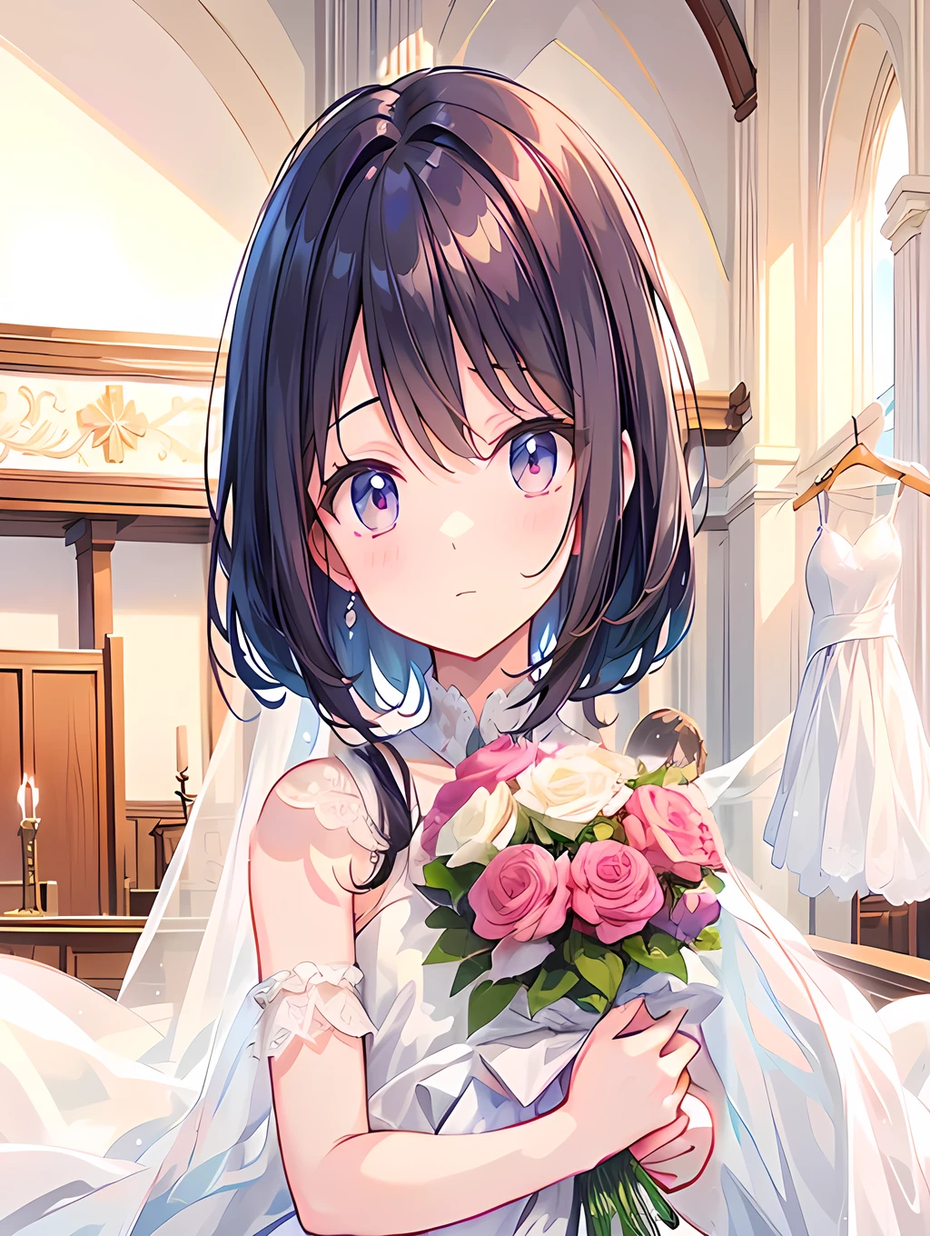 One Girl,Wedding dress,Black Hair,Panties,Pink Eyes,Open Mouth Smile,Blushing,Top image quality,Simple Background,Best Quality