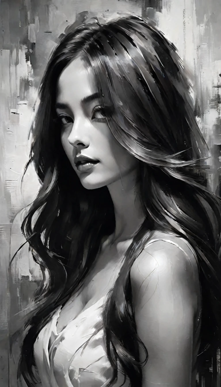 Masterpiece, best composition, best quality, perfect as wallpaper for your phone, black and white portrait of a woman with long hair, perfect beauty, work of art, beautiful artwork, expressive and beautiful, artistic drawing.