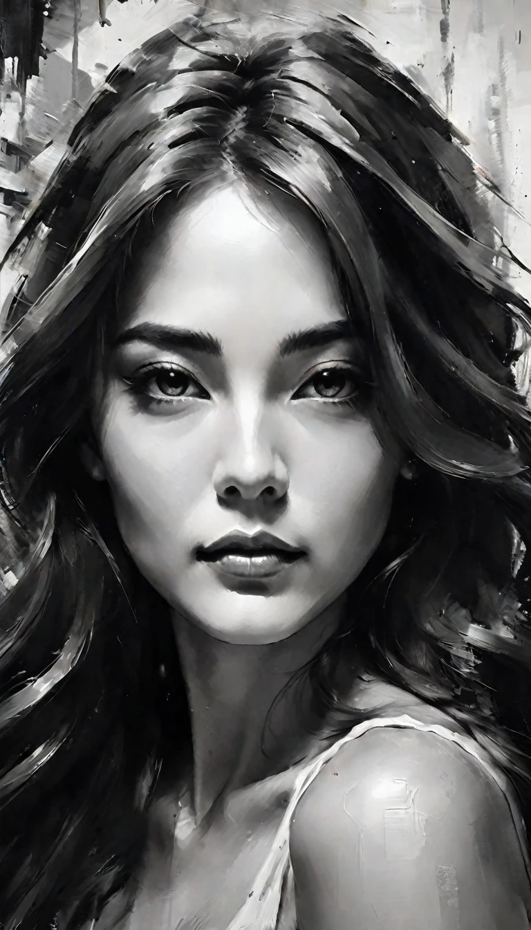 Masterpiece, best composition, best quality, perfect as wallpaper for your phone, black and white portrait of a woman with long hair, perfect beauty, work of art, beautiful artwork, expressive and beautiful, artistic drawing.