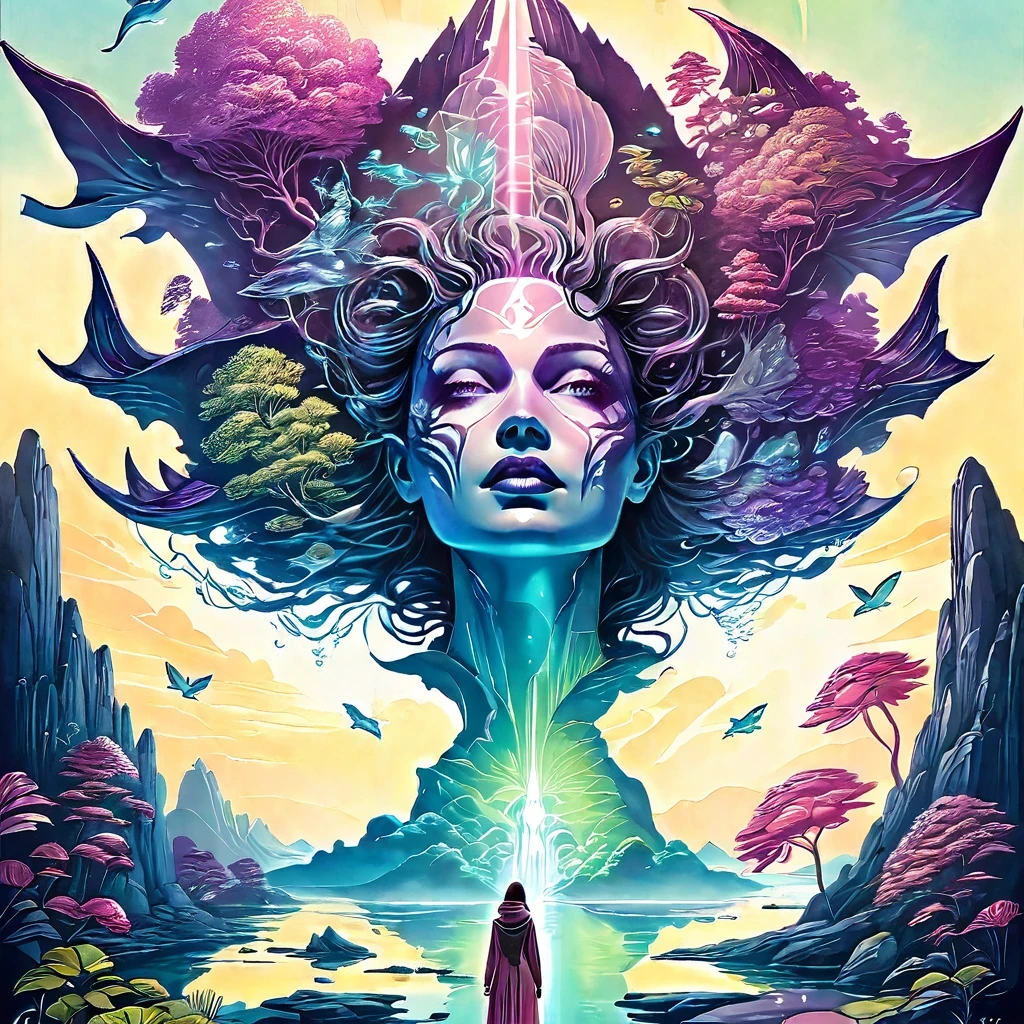 full body, she sharkhead android Surreal Nature, floating islands, bioluminescent plants, mystical creatures, iridescent wings, watercolor sky, fantasy landscape, hidden ruins, (detailed face:1.05),