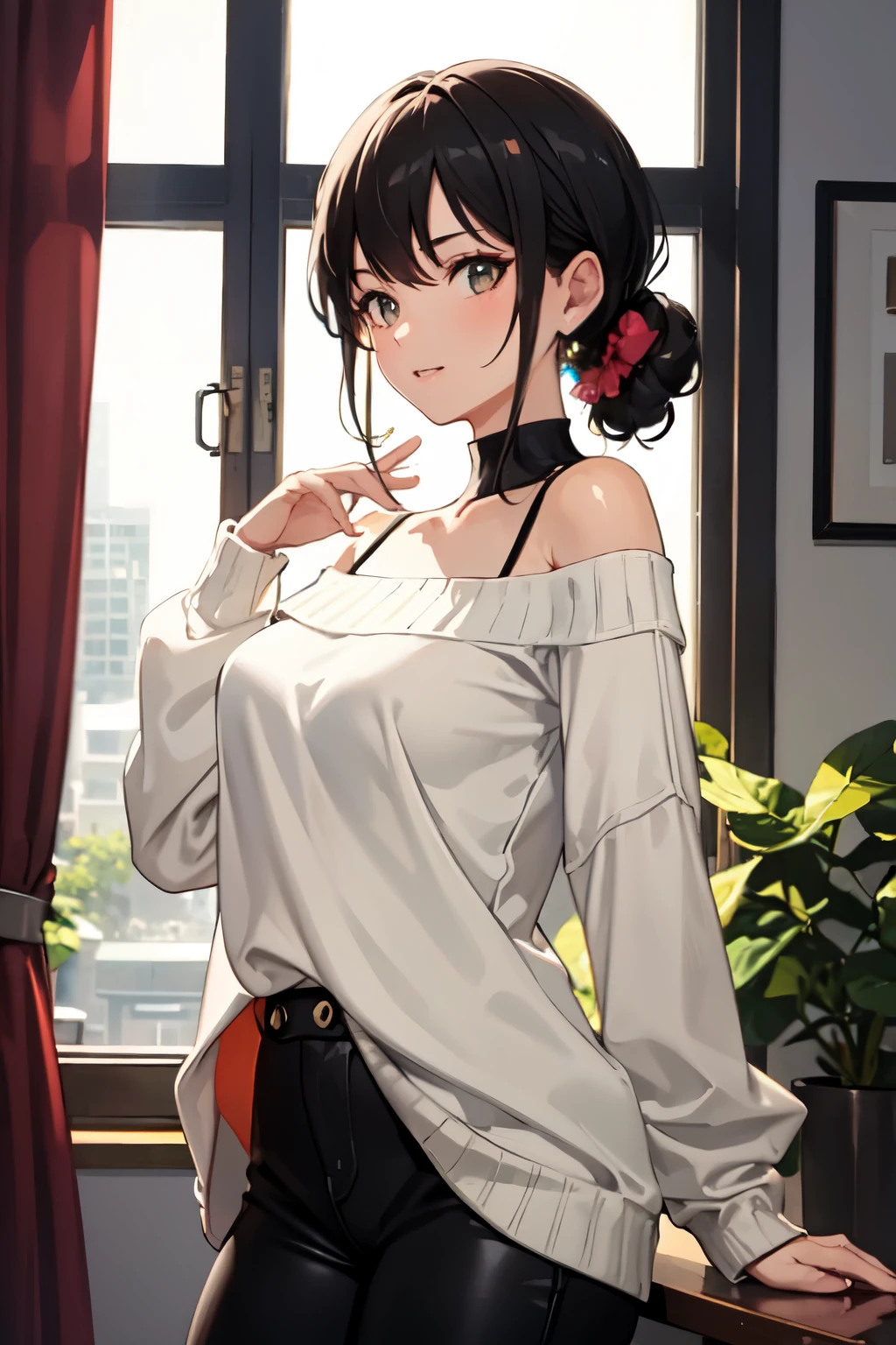masterpiece, yor, 1girl, solo, looking at viewer, open mouth, black hair, red eyes, dress, bare shoulders, jewelry, collarbone, sidelocks, hairband, earrings, indoors, off shoulder, :o, sweater, arms behind back, plant, short hair with long locks, white hairband, off-shoulder dress, sweater dress, off-shoulder sweater, red sweater, big side hair, very long side hair,