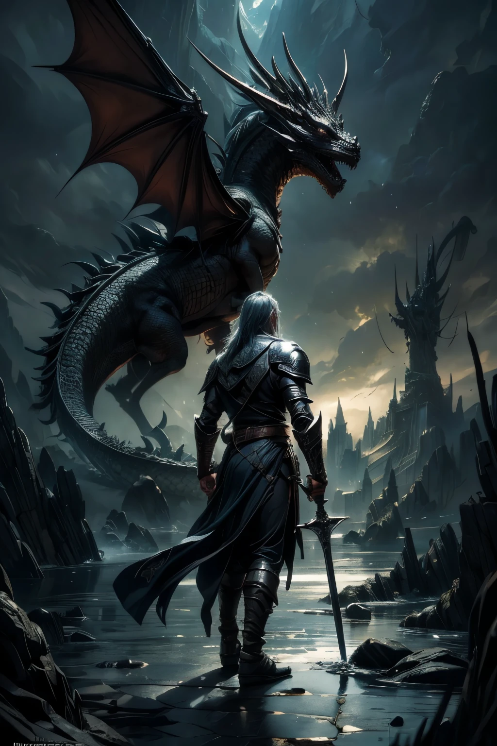 A man stands in front of a dragon with a sword, portrait of Drizzle, Drizzle, Dragonlance illustration, Male Drow, Noah Bradley. Sharp focus, Ominous fantasy illustration, Dono Giancola, Dungeons&Dragon Fantasy Art, Hyper Realistic D & d Fantasy Art, beautiful Male Drow, (8k unit wallpaper CG、Very detailed, masterpiece, Best Quality, Super detailed), (((Alone)))), ((very wide shot:1.15)), ((Rear View)), ((whole body)), (high detail), (Complex details), Complex, Amazing views, Detailed Environment, highly Detailed Environment, Illustrator, masterpiece