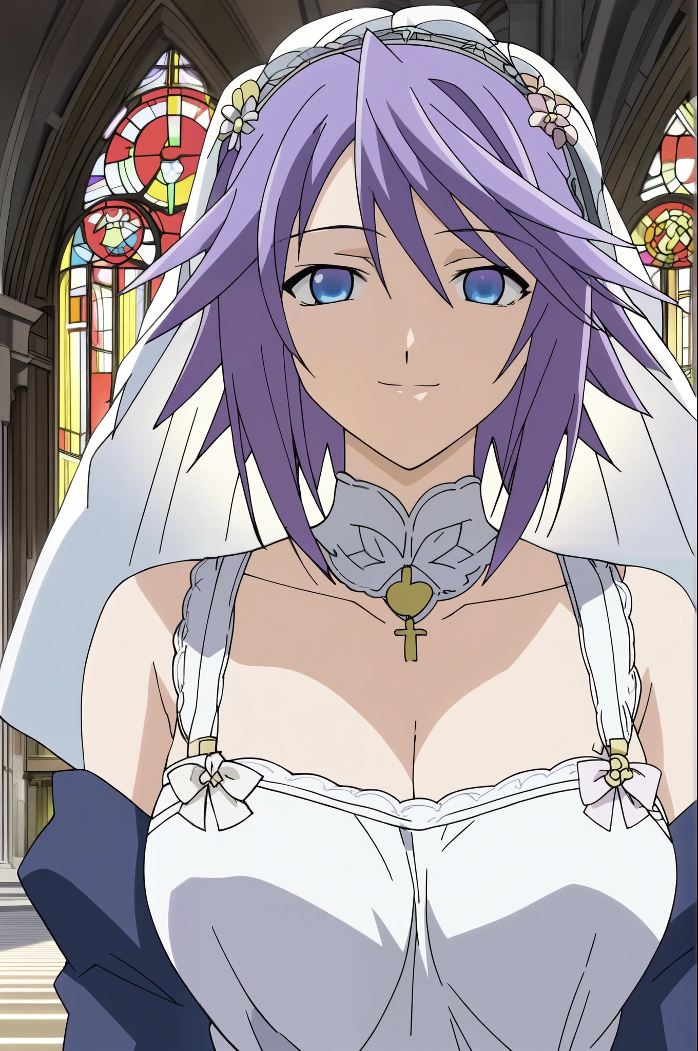 Score_9, Score_8_up, Score_7_up, source anime, prefect lighting, 
1girl, Shirayuki Mizore, rosario+vampire, short hair, Blue eyes, big breasts, misoreyuki, purple hair, Anime coloring, anime screencap, looking at viewer,,Anime coloring, anime screencap, in a church back ground, bride's outfit,voluptuous figure,full hd, 8K. breasts, smile, masterpiece, high resolution, necessary, anatomically correct, The best quality, Detail, 