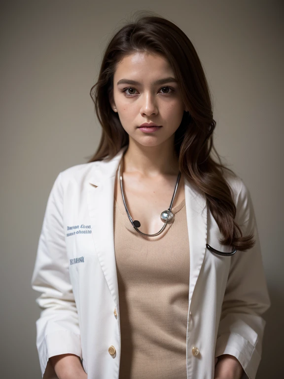 (upper body, medium shot), A beautiful woman in a white doctor suit, with a stethoscope, High quality image, masterpiece, detailed hair texture, detailed skin texture, detailed cloth texture, 8k, add fabric details, ultra detailed skin texture, ultra detailed photo, skin pores, cloth details, high skin details, realistic hair details, epiC35mm