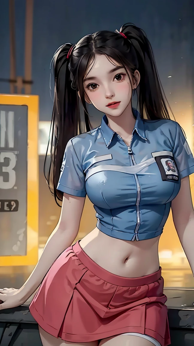 masterpiece, highest quality, One girl, alone, blush, Twin tails, Long Hair, ((See-through streetwear)), Outdoor, night, Movie Posters, Extremely detailed 8K, Smooth, High resolution, super high quality, Cinema Lighting, 16k, Detailed face, Perfect composition, , Atmospheric lighting, Very sexy,(Large Breasts)，Small waist