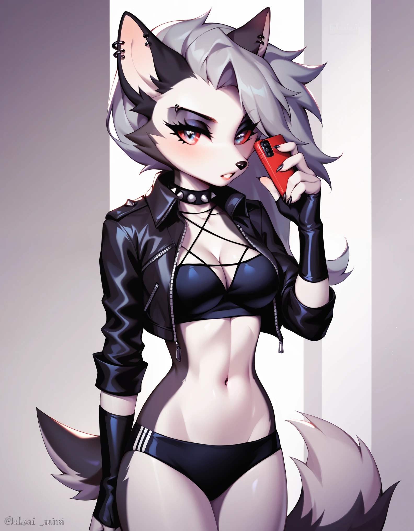 score_9, score_8_up, score_7_up, source_furry, Akami Mira, solo, safe_pos, furry, anthro, female, Loona, solo, 1girl, tail, underwear, photo session, breasts, long jacket, strong body,