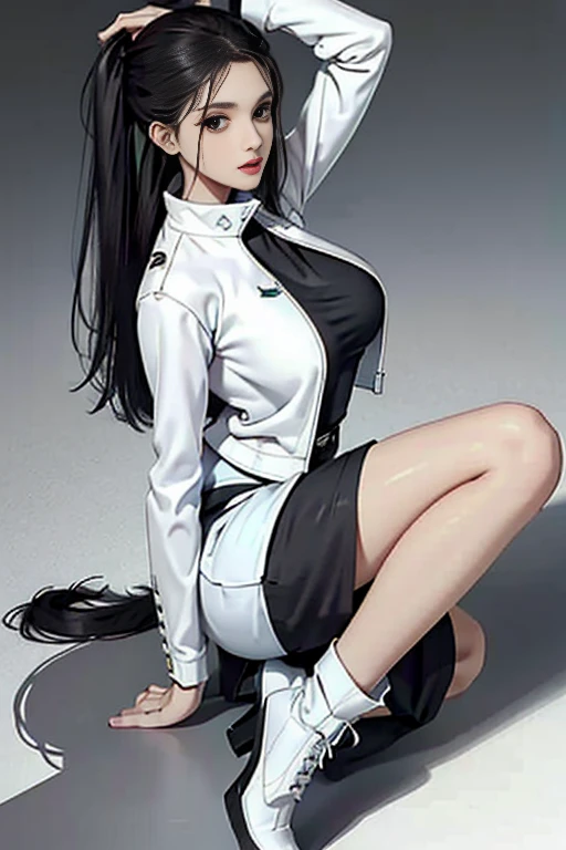 a black skirt, Neck tie, White shirt, Long black hair, Gray eyes, Holster, leg-garter, Large full breasts, Hands above your head, moderate, Pichi Pichi clothes, Both sides