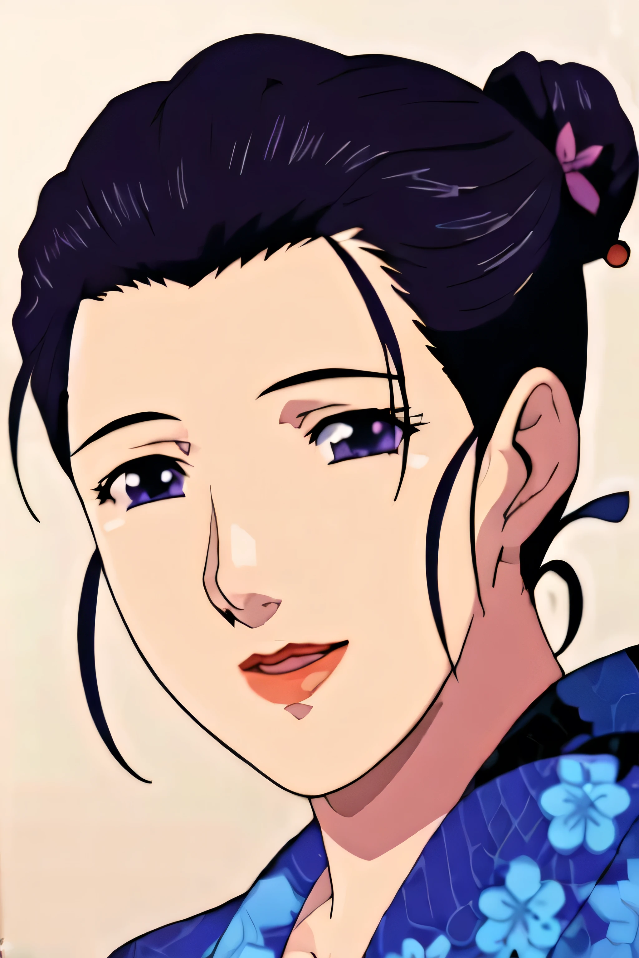 Simple Background,White Background,
purple kimono,floral print,japanese clothes,wide sleeves,long sleeves,
cleavage,
purple eyes, black hair,bangs,hair bun,
1 girl, 20yo,Young female,Beautiful long legs,Beautiful body,
Beautiful Nose,Beautiful character design, perfect eyes, perfect face,expressive eyes,perfect balance,
looking at viewer,(Focus on her face),closed mouth, (innocent_big_eyes:1.0),(Light_Smile:0.3),
official art,extremely detailed CG unity 8k wallpaper, perfect lighting,Colorful, Bright_Front_face_Lighting,White skin,
(masterpiece:1.0),(best_quality:1.0), ultra high res,4K,ultra-detailed,
photography, 8K, HDR, highres, absurdres:1.2, Kodak portra 400, film grain, blurry background, bokeh:1.2, lens flare, (vibrant_color:1.2),professional photograph,
(Beautiful,large_Breasts:1.4), (beautiful_face:1.5),(narrow_waist),