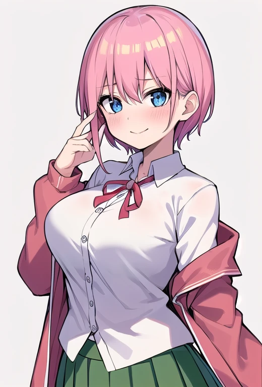 ((Itika Nakano)), Short Hair, bangs, (blue eyes),(Pink Hair),White shirt, Hair between the eyes, Very beautiful face,Medium Breast,Perfect body proportions, ((Large Breasts)), ((Green pleated skirt)),A slight blush, smile,Cowboy Shot, Simple Background, ((Pure white background)),High resolution