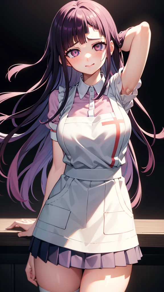 ((mikan tsumiki)),Long Hair,Purple Hair,(Purple eyes:1.1),bangs, blunt bangs,Patsun,(in danganronpa styles:1.1) smile, shy break apron, bandageを巻かれた足,bandage,collared shirt, miniskirt, pink shirt, pleated skirt, puffy Short sleeve, Puff sleeves, shirt, Short sleeve, skirt, two-tone shirt, White apron, white shirt,break looking at viewer,break forest, Dark Skies, Contrapposto, smile, Spread your arms, Cowboy Shot, Sleeveless, Place your arms behind your head,
break (masterpiece:1.2), Best Quality, High resolution, Unity 8K Wallpapers, (figure:0.8), ((Beautiful detailed eyes:1.5)),Highly detailed face, Perfect lighting, Highly detailed CG, (Perfect hands, Perfect Anatomy),(disappear:1.4),(blush:1.2),(embraced),((whirlpool eyes:1.3)),((vulgarity ahegao:1.1)),(messy hair),((big eyes:1.1))