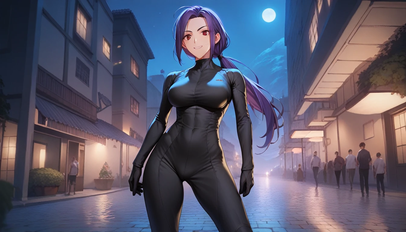 Score_9, Score_8_up, Score_7_up, One Girl, Hirokazu Koyama ,Sweaty,sexy,Pixel Perfect,Large Breasts,Anatomically correct, Masterpiece Highly detailed,8k,indoor,(Fits your body,Rider Suit,Sleeveless,Thin fabric),, Red eyes, ( Long Hair, Purple Hair, Parted bangs,Low Ponytail, ), standing,クローズup, (background,night,building,),Smiling with teeth showing, 