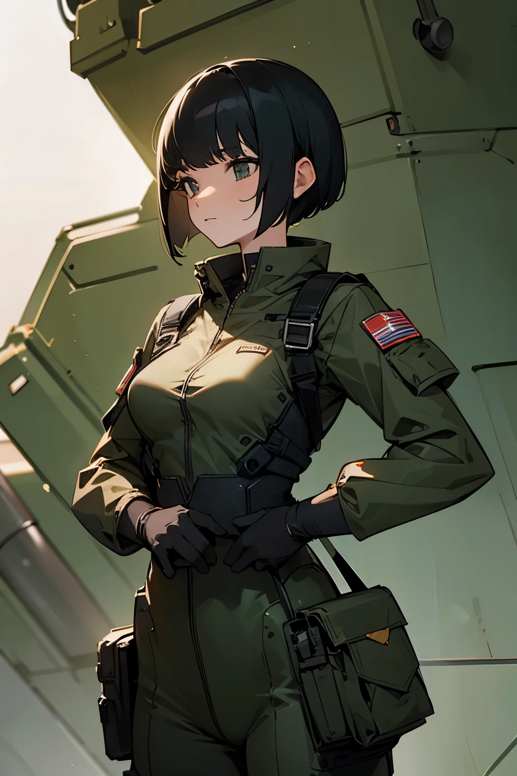spiky bald hairstyle, short hair, mexican skin, gloves, uniform military, 1girl ,dark black hair, ((hair cut super short,)), soft Brown eyes, smile lips,