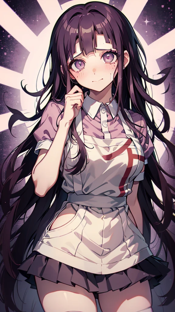 ((mikan tsumiki)),Long Hair,Purple Hair,(Purple eyes:1.1),bangs, blunt bangs,Patsun,((in danganronpa styles:1.4)) smile, shy break apron, bandageを巻かれた足,bandage,collared shirt, miniskirt, pink shirt, pleated skirt, puffy Short sleeve, Puff sleeves, shirt, Short sleeve, skirt, two-tone shirt, White apron, white shirt,break looking at viewer,break forest, Dark Skies, Contrapposto, smile, Spread your arms, Cowboy Shot, Sleeveless, Place your arms behind your head,
break (masterpiece:1.2), Best Quality, High resolution, Unity 8K Wallpapers, (figure:0.8), ((Beautiful detailed eyes:1.5)),Highly detailed face, Perfect lighting, Highly detailed CG, (Perfect hands, Perfect Anatomy),(disappear:1.4),(blush:1.2),(embraced:1.3),((whirlpool eyes:1.3)),((vulgarity ahegao:1.1)),(messy hair:1.3),((big eyes:1.1)),((mental broken:1.3))