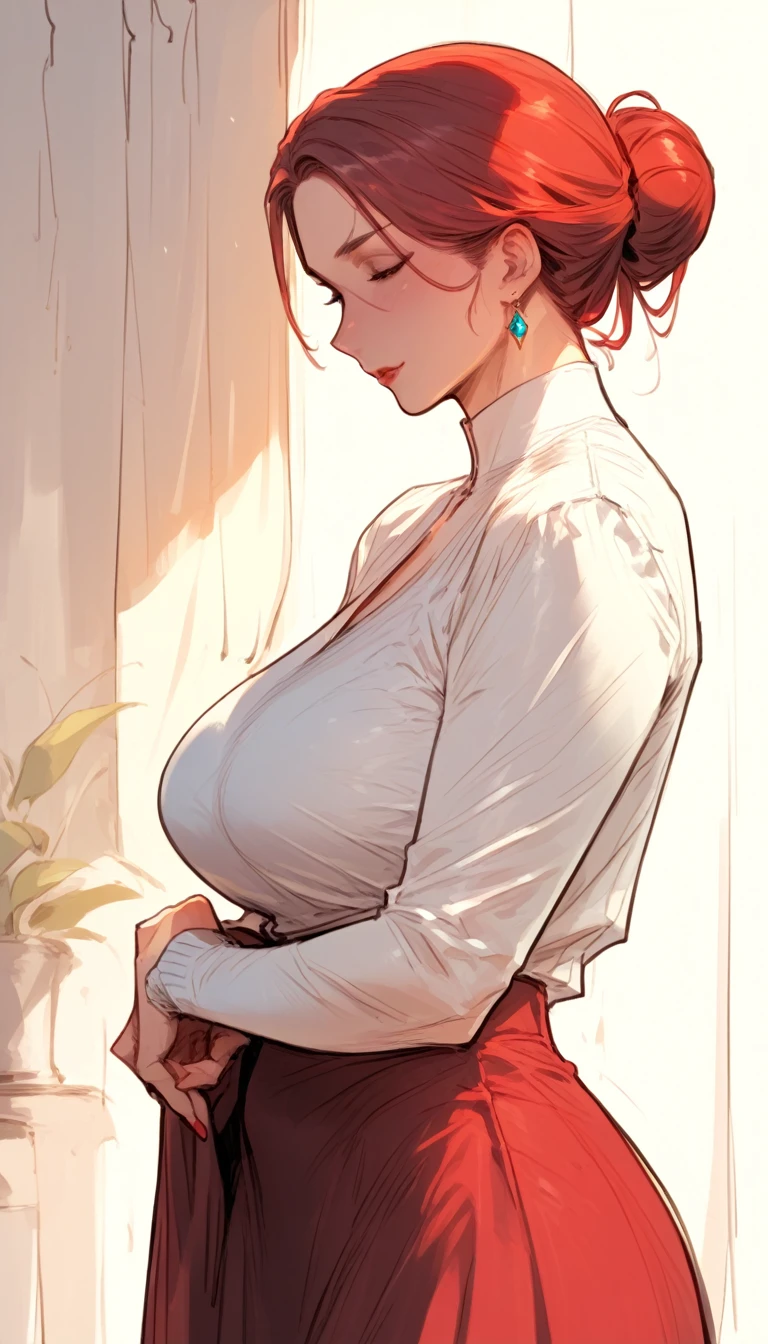 Lovely face,adult,Coquettish,mature,simple outfit,elegance,ponytail hair ,skirt, shirt,kabedon, bun hair, red hair,flirt, 