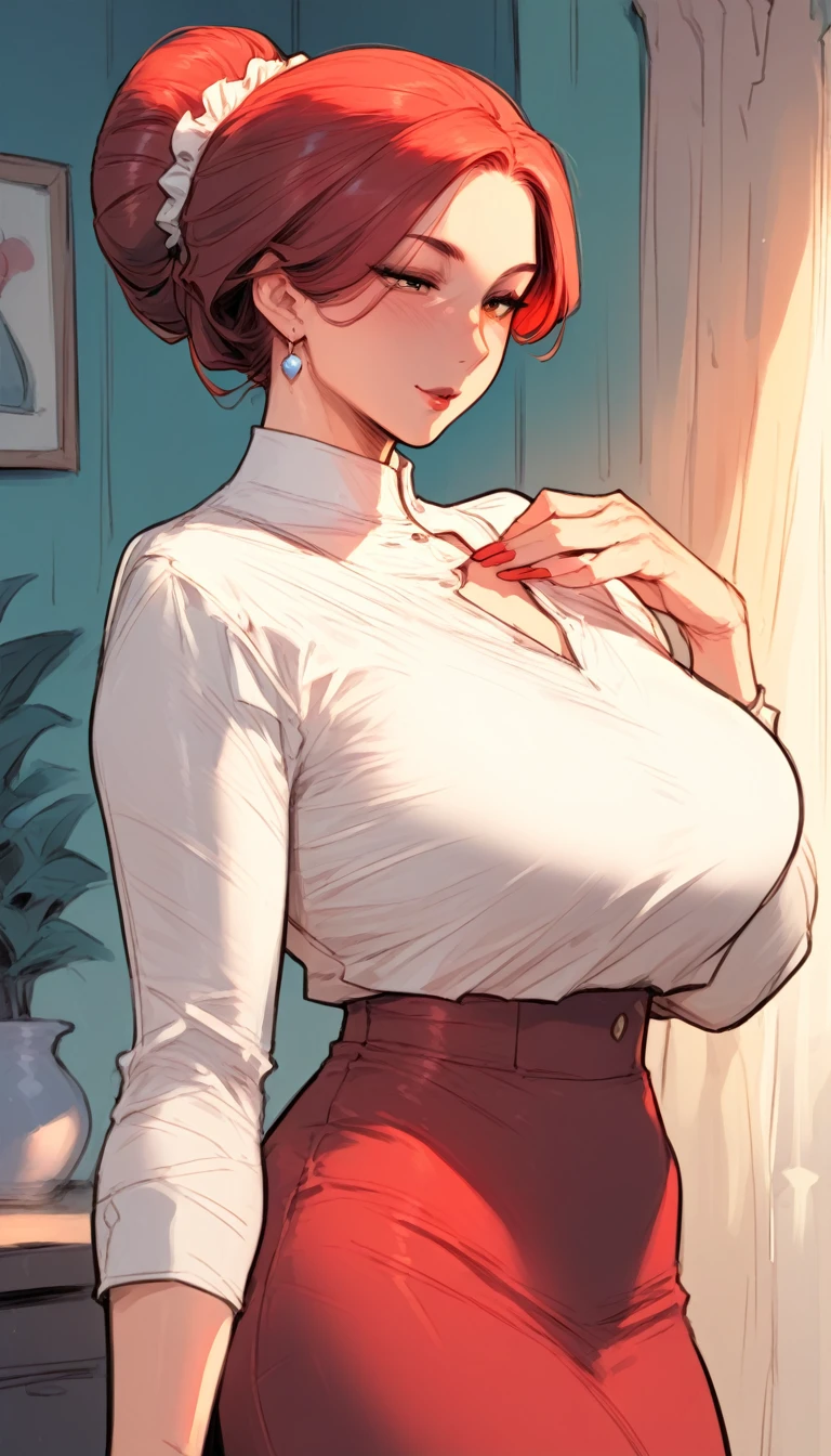 Lovely face,adult,Coquettish,mature,simple outfit,elegance,ponytail hair ,skirt, shirt,kabedon, bun hair, red hair,flirt, 